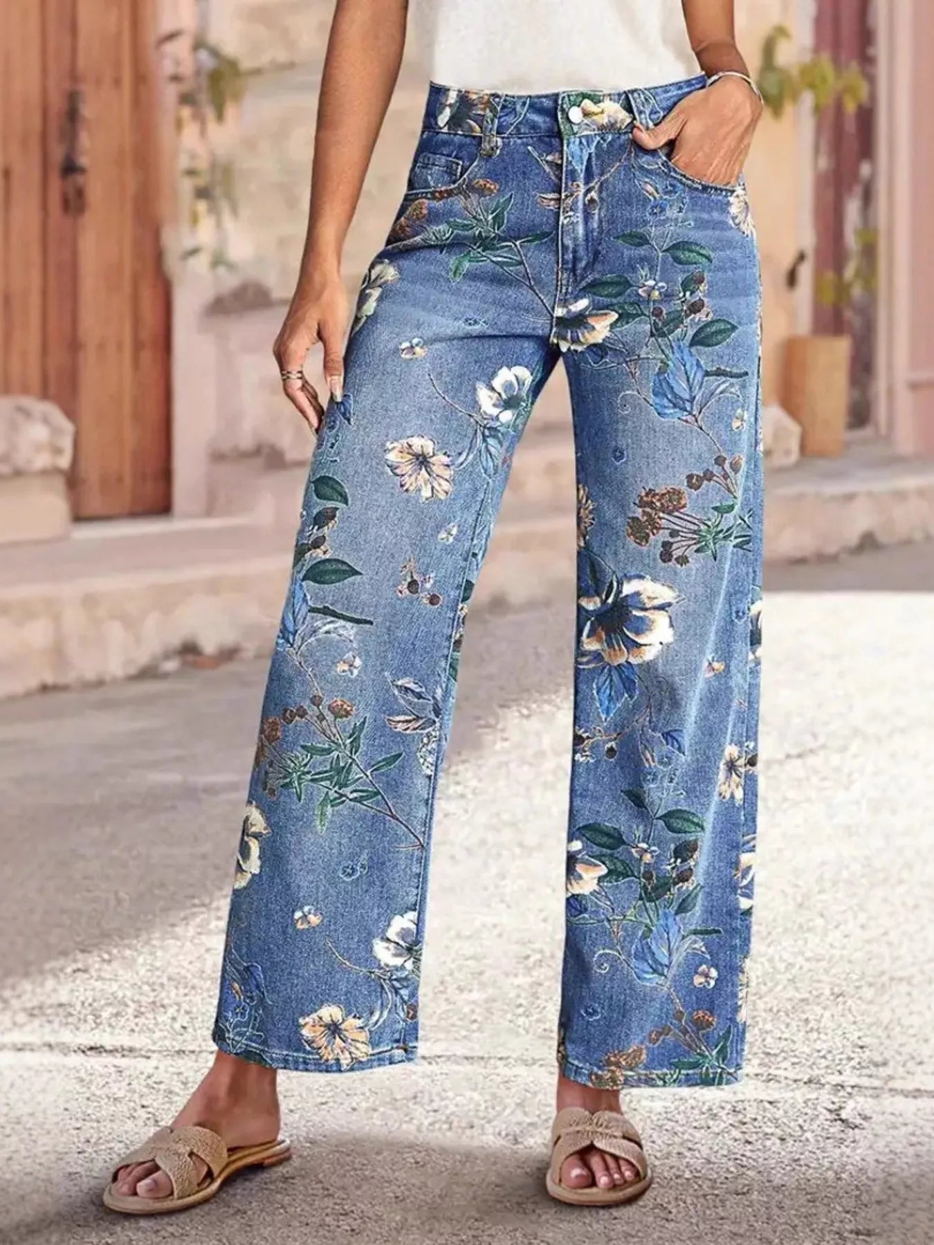 Floral Print Wide Leg Jeans - Flip Flop Dynasty