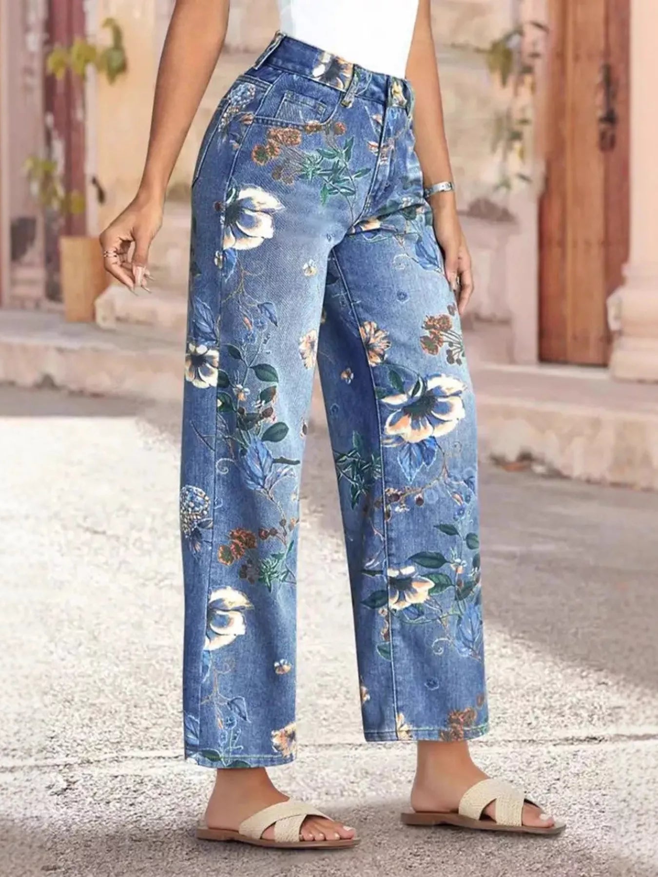 Floral Print Wide Leg Jeans - Flip Flop Dynasty