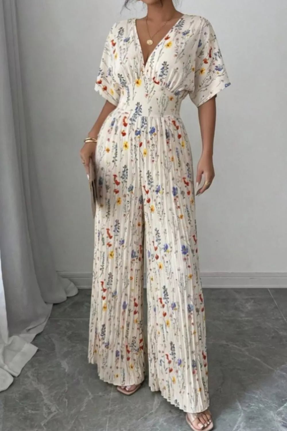 Floral Print Wide Leg Pleated Jumpsuit - Flip Flop Dynasty