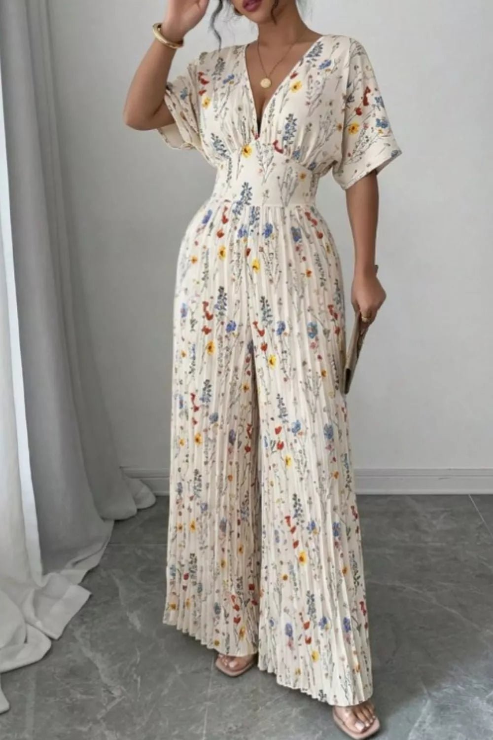 Floral Print Wide Leg Pleated Jumpsuit - Flip Flop Dynasty