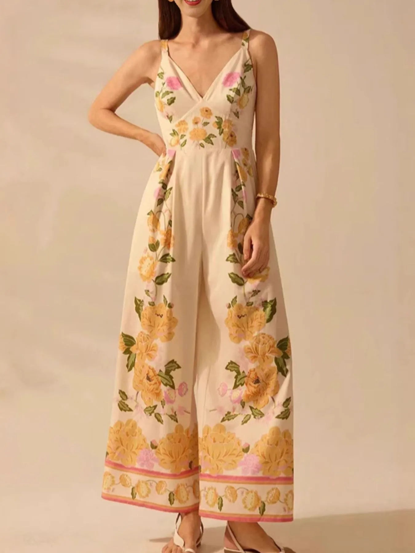 Floral Print Wide - Leg V - Neck Cami Jumpsuit - Flip Flop Dynasty