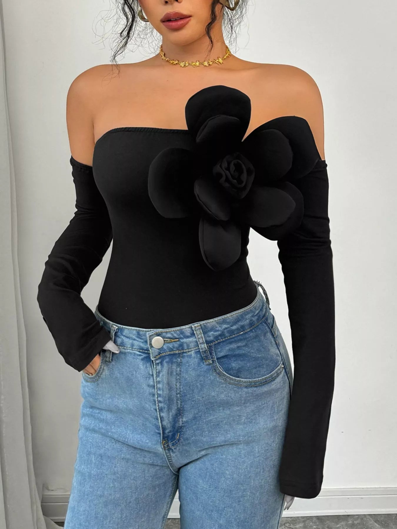 Flower Off - Shoulder Long Sleeve Bodysuit - Flip Flop Dynasty