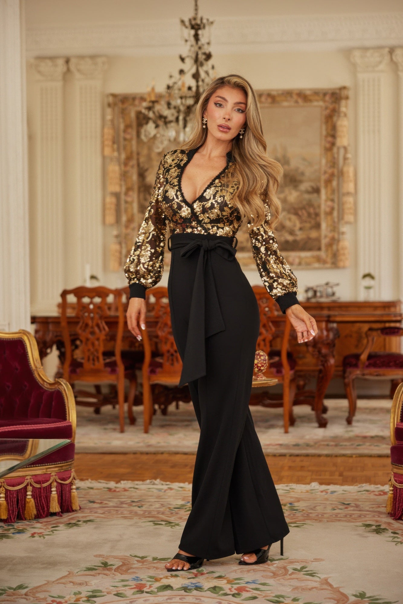 Flower Vein Sequin Print Jumpsuit - Flip Flop Dynasty