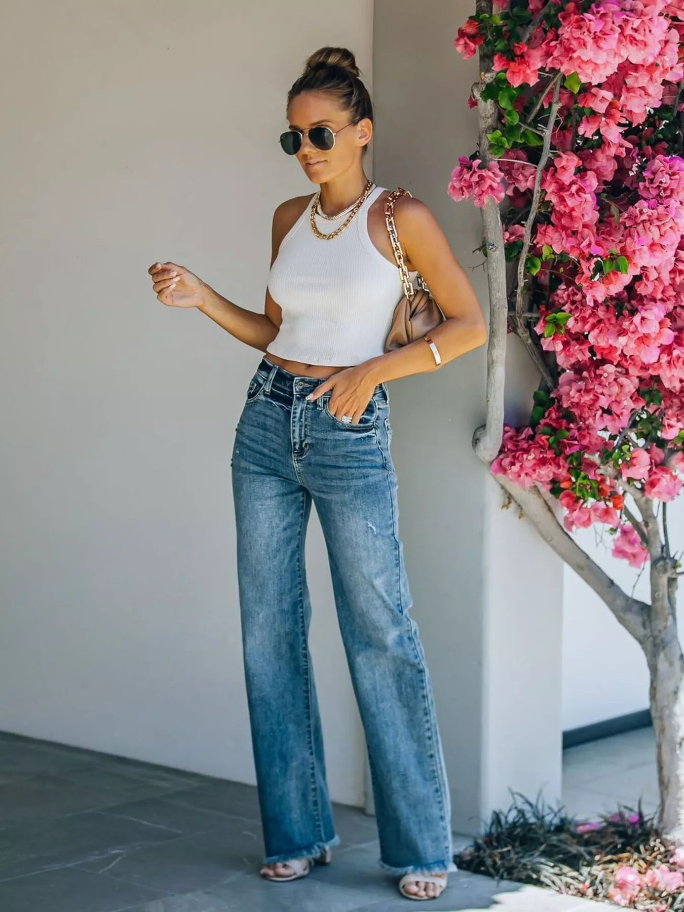 Frayed Hem High - Waisted Wide Leg Jeans - Flip Flop Dynasty