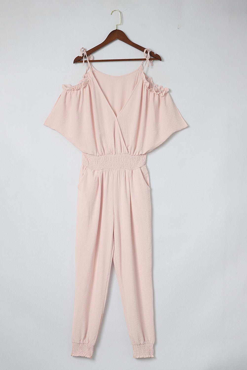 Frill Surplice Cold Shoulder Jumpsuit - Flip Flop Dynasty