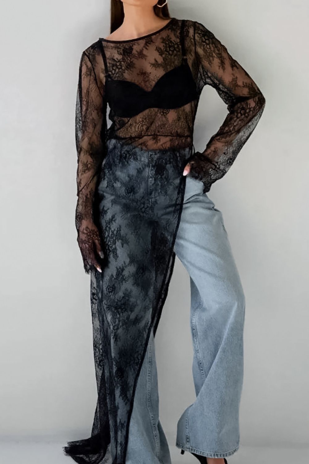 Fringe Round Neck Long Sleeve Lace Sheer Top - Flip Flop Dynasty