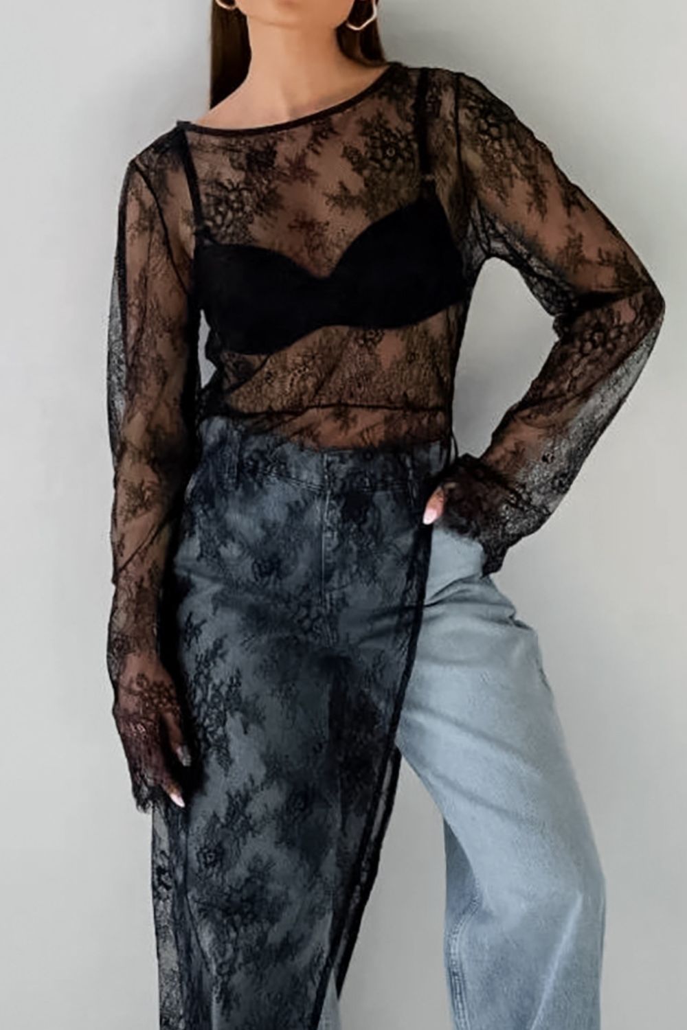 Fringe Round Neck Long Sleeve Lace Sheer Top - Flip Flop Dynasty
