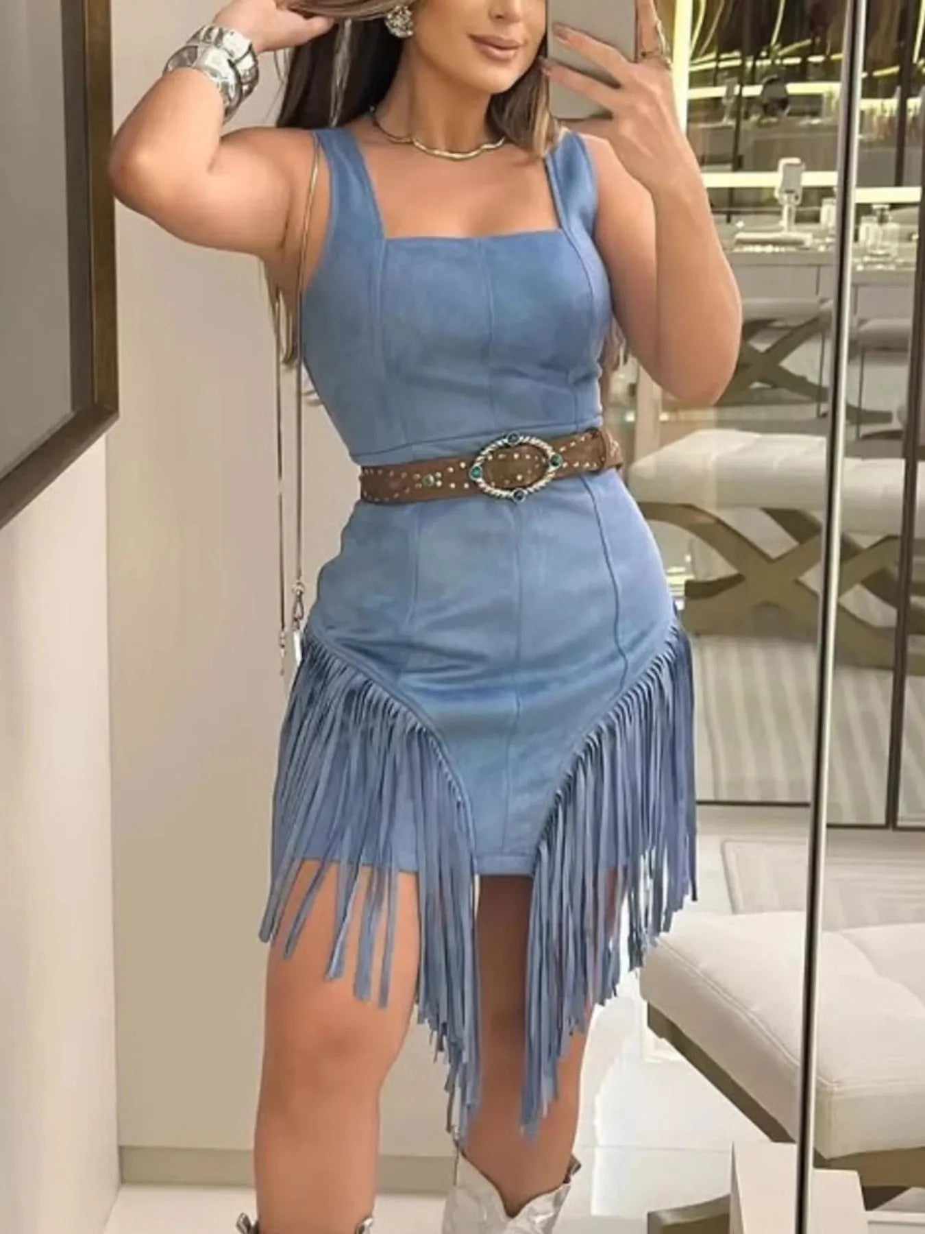 Fringe Square Neck Bodycon Mini Dress - Flip Flop Dynasty