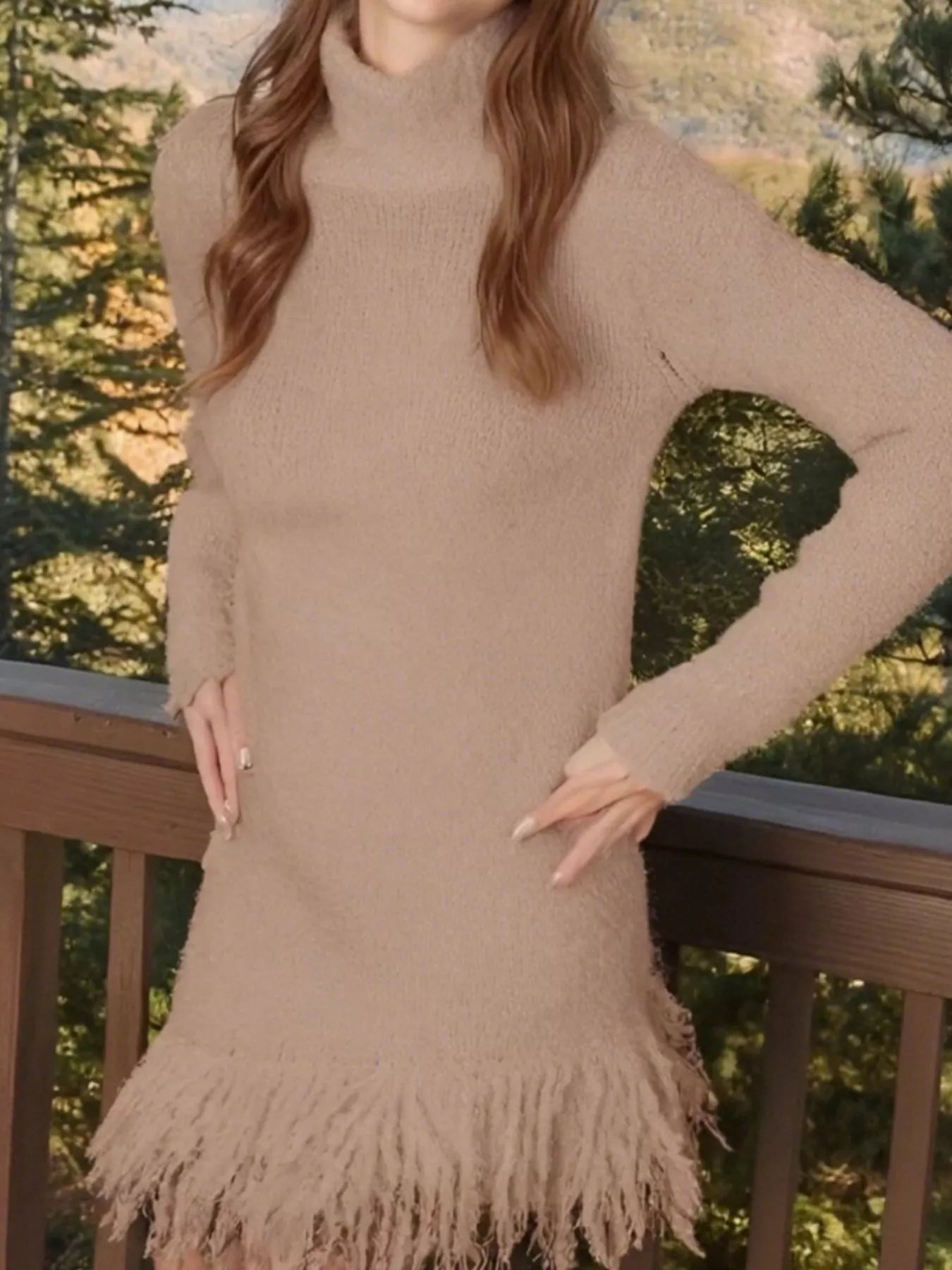 Fringe Turtleneck Long Sleeve Sweater Dress - Flip Flop Dynasty