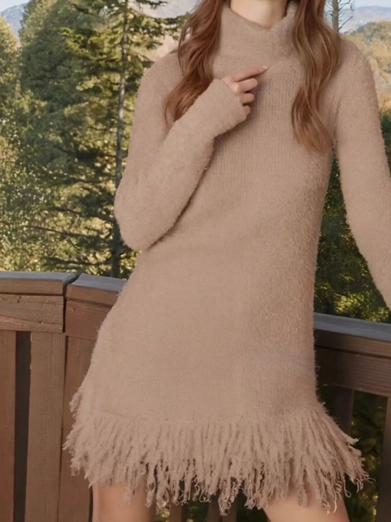 Fringe Turtleneck Long Sleeve Sweater Dress - Flip Flop Dynasty