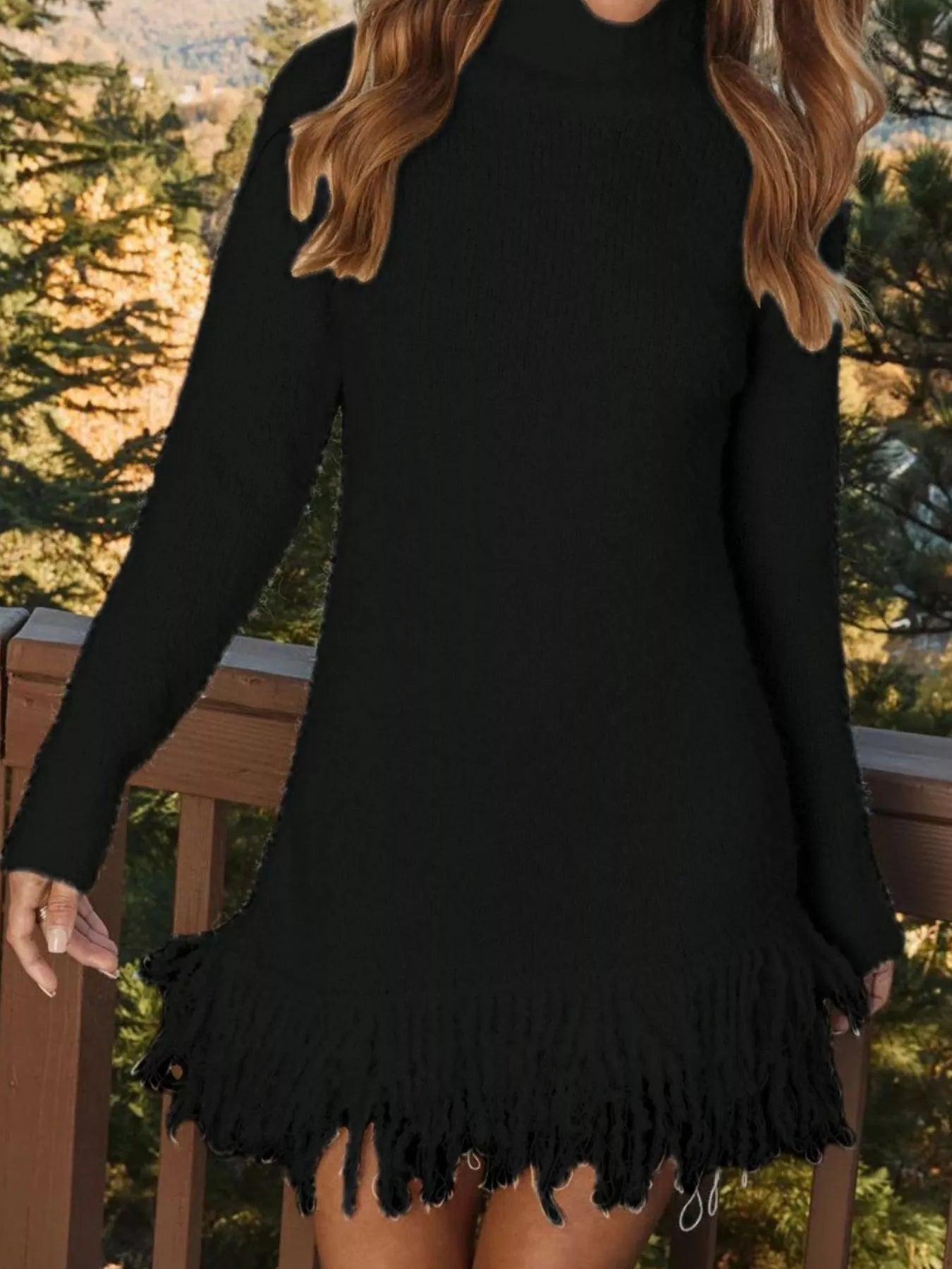 Fringe Turtleneck Long Sleeve Sweater Dress - Flip Flop Dynasty