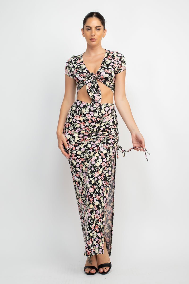 Front Knot Floral Top & Ruched Maxi Skirts Set - Flip Flop Dynasty