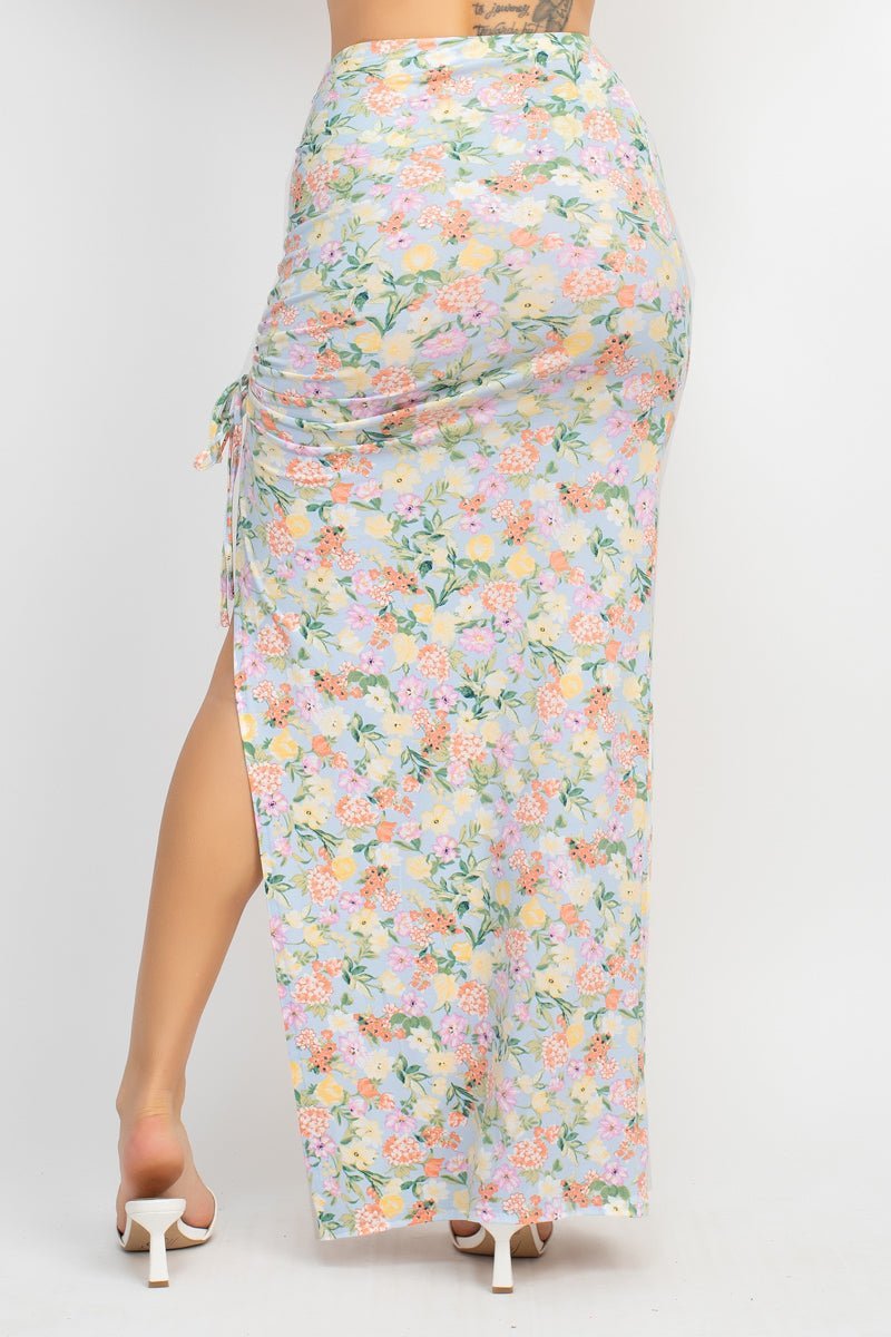 Front Knot Floral Top & Ruched Maxi Skirts Set - Flip Flop Dynasty