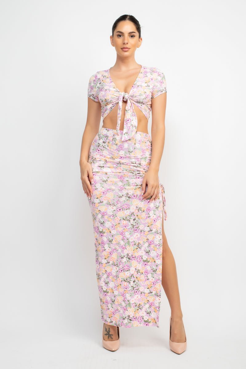 Front Knot Floral Top & Ruched Maxi Skirts Set - Flip Flop Dynasty