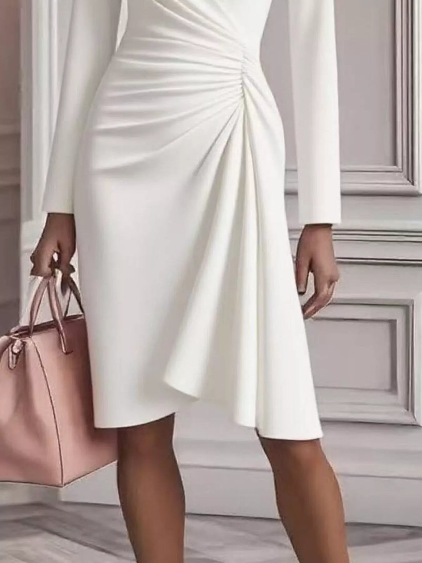 Front Ruched V - Neck Long Sleeve Dress - Flip Flop Dynasty