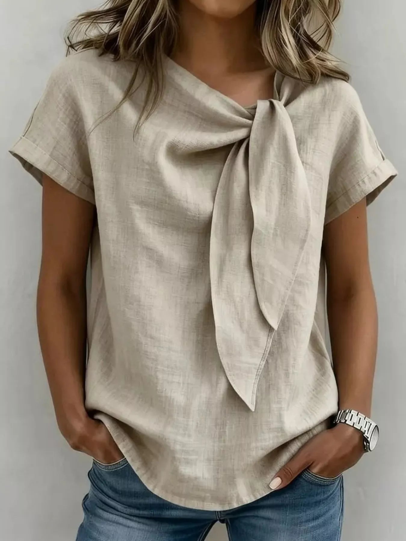 Full Size Bow Tie Neck Short Sleeve Blouse Plus Size - Flip Flop Dynasty