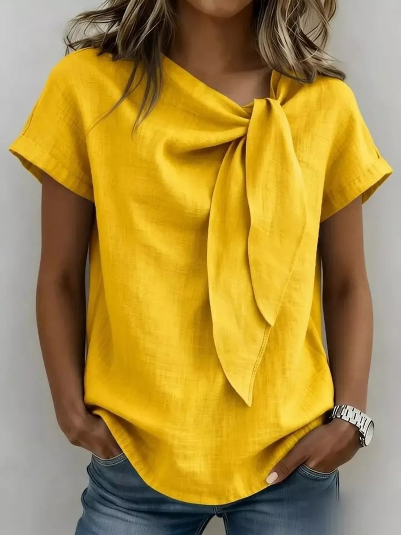 Full Size Bow Tie Neck Short Sleeve Blouse Plus Size - Flip Flop Dynasty