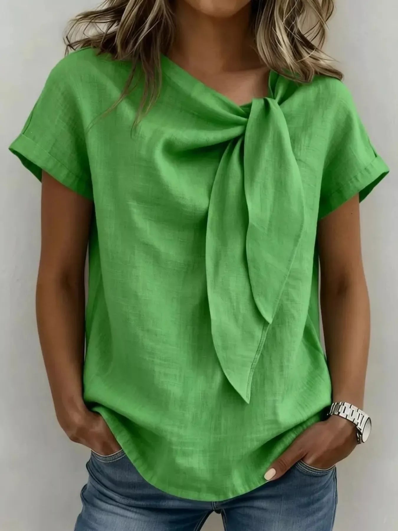 Full Size Bow Tie Neck Short Sleeve Blouse Plus Size - Flip Flop Dynasty