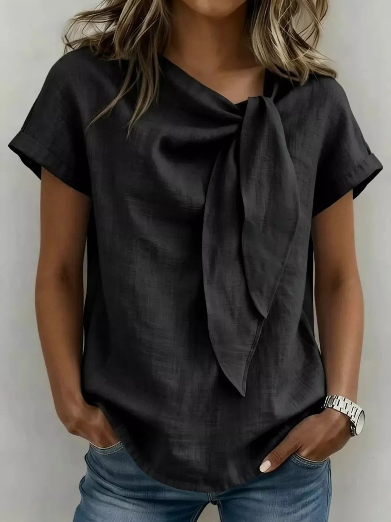 Full Size Bow Tie Neck Short Sleeve Blouse Plus Size - Flip Flop Dynasty