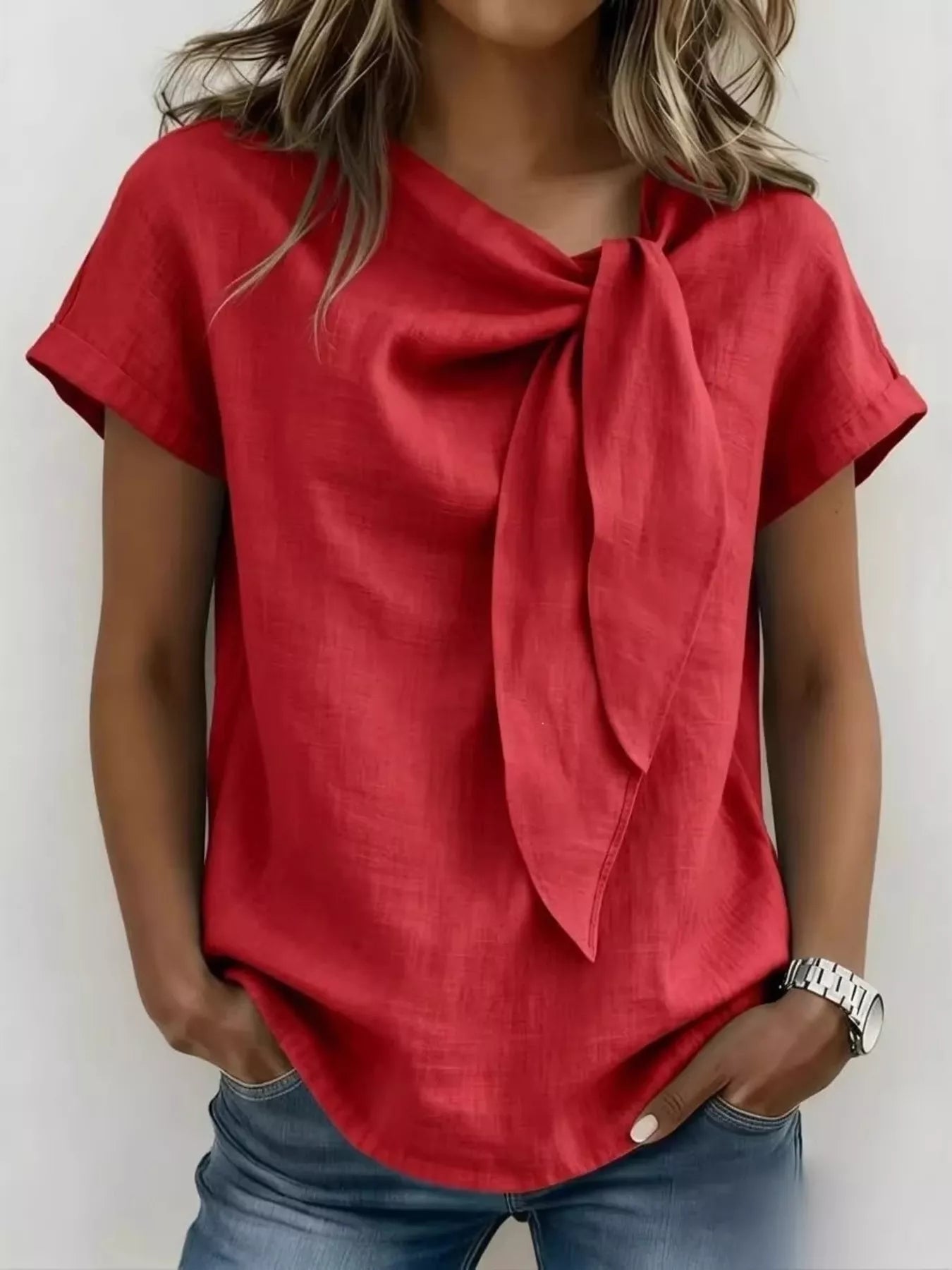 Full Size Bow Tie Neck Short Sleeve Blouse Plus Size - Flip Flop Dynasty