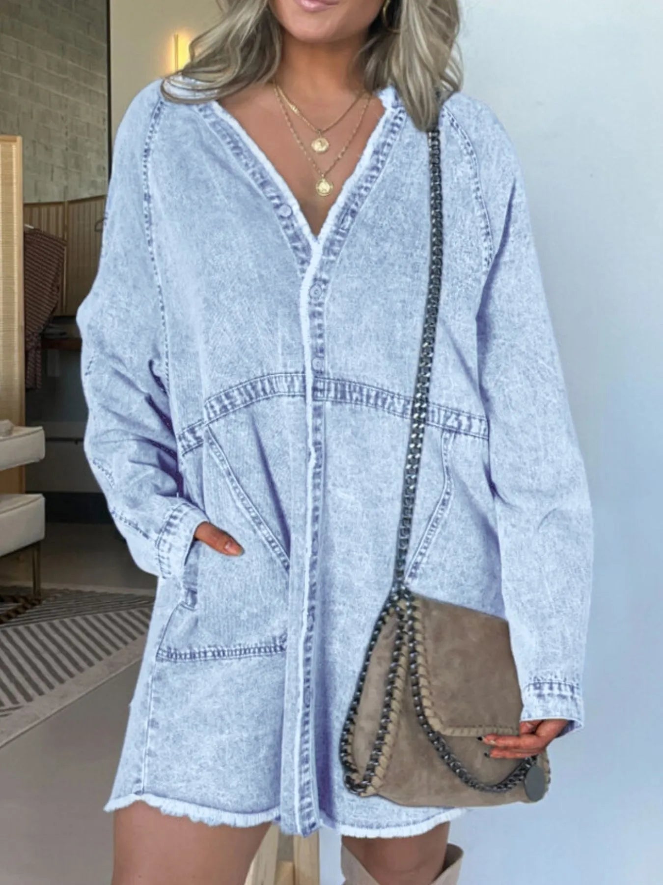 Full Size Button - Front Long Sleeve Denim Shirt Dress Plus Size - Flip Flop Dynasty