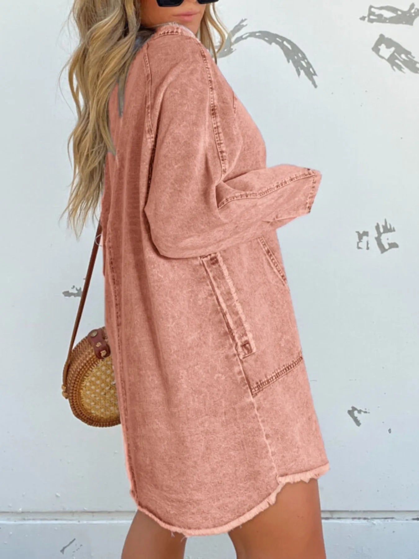 Full Size Button - Front Long Sleeve Denim Shirt Dress Plus Size - Flip Flop Dynasty