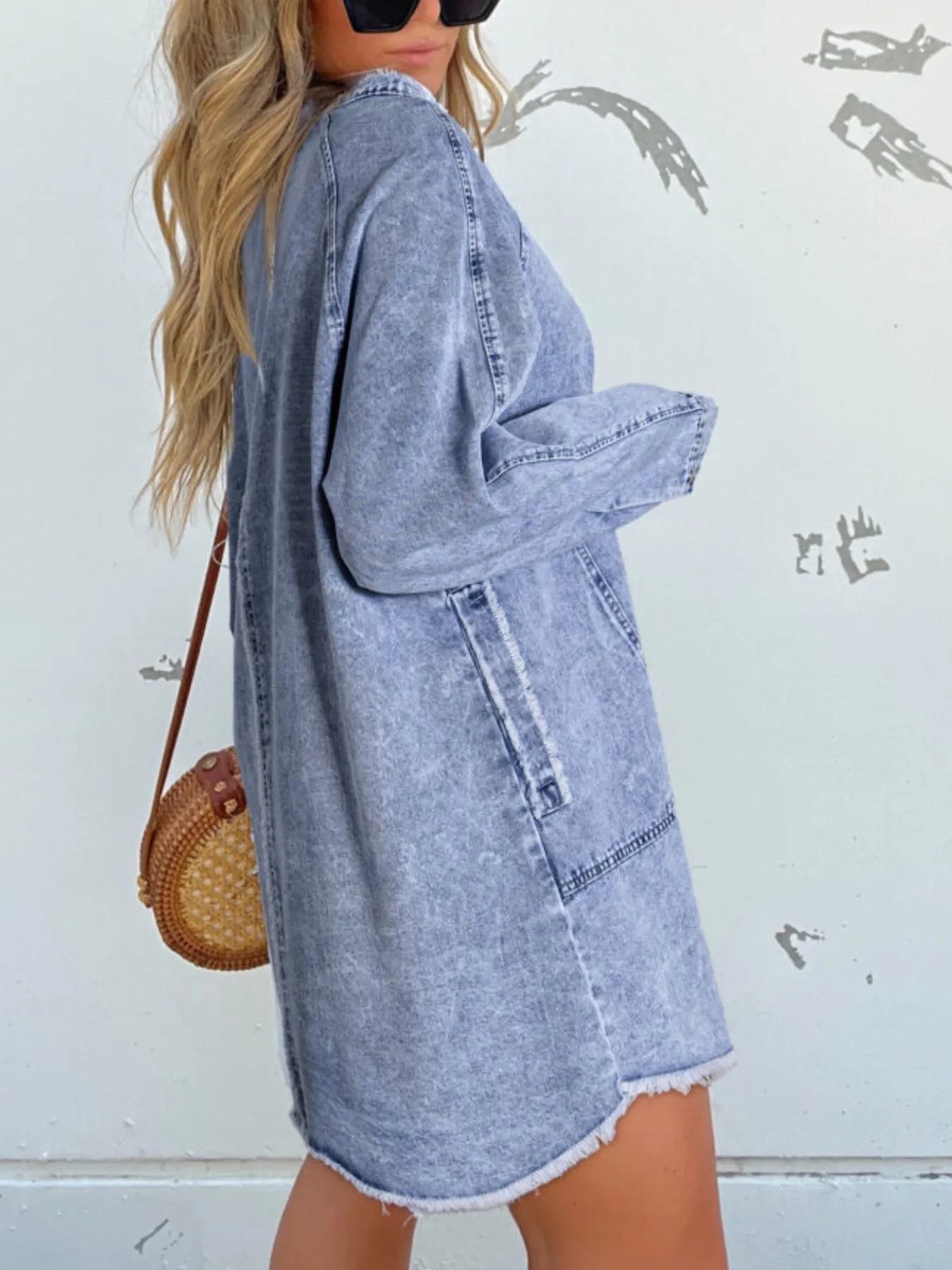 Full Size Button - Front Long Sleeve Denim Shirt Dress Plus Size - Flip Flop Dynasty