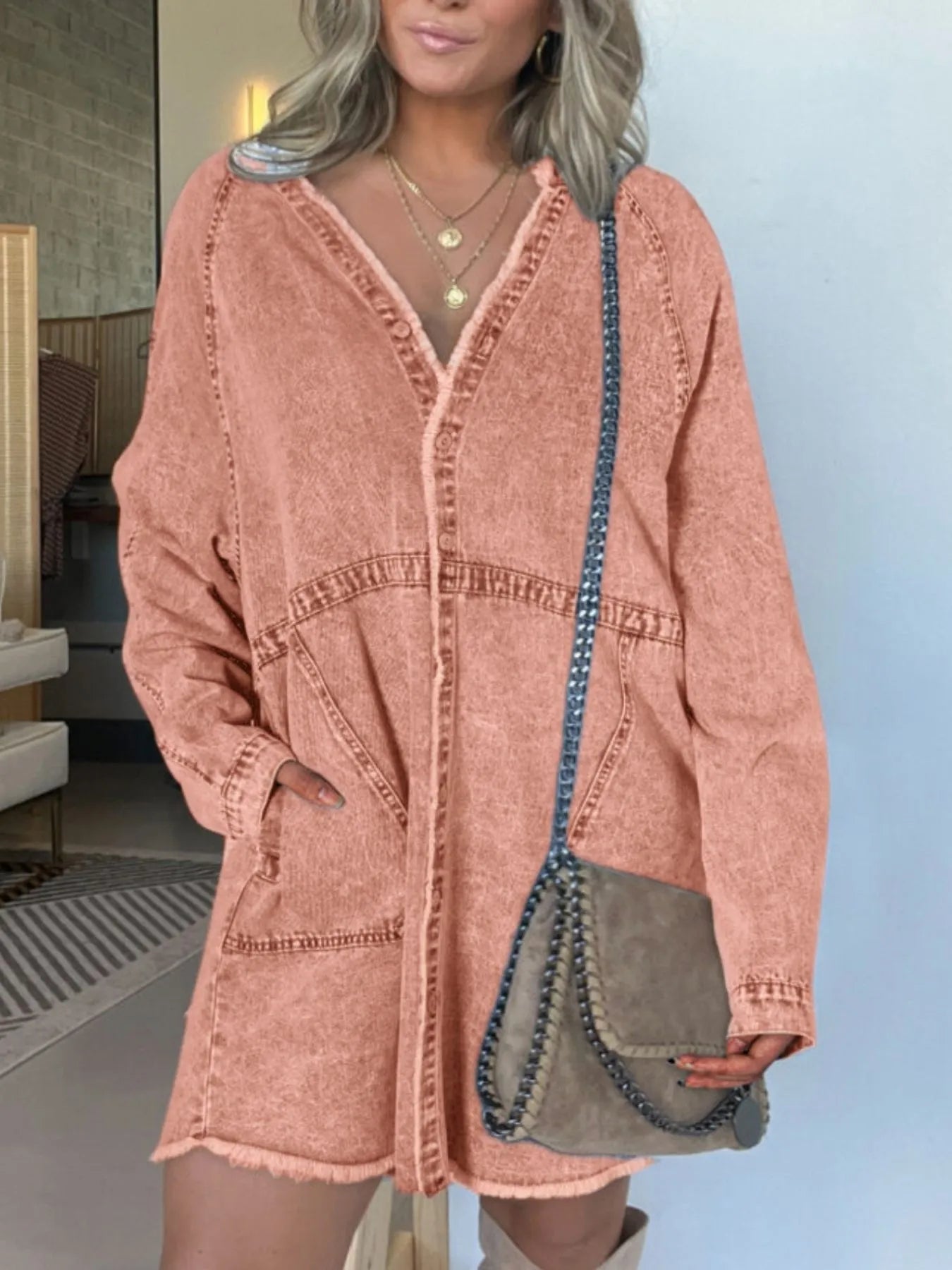 Full Size Button - Front Long Sleeve Denim Shirt Dress Plus Size - Flip Flop Dynasty