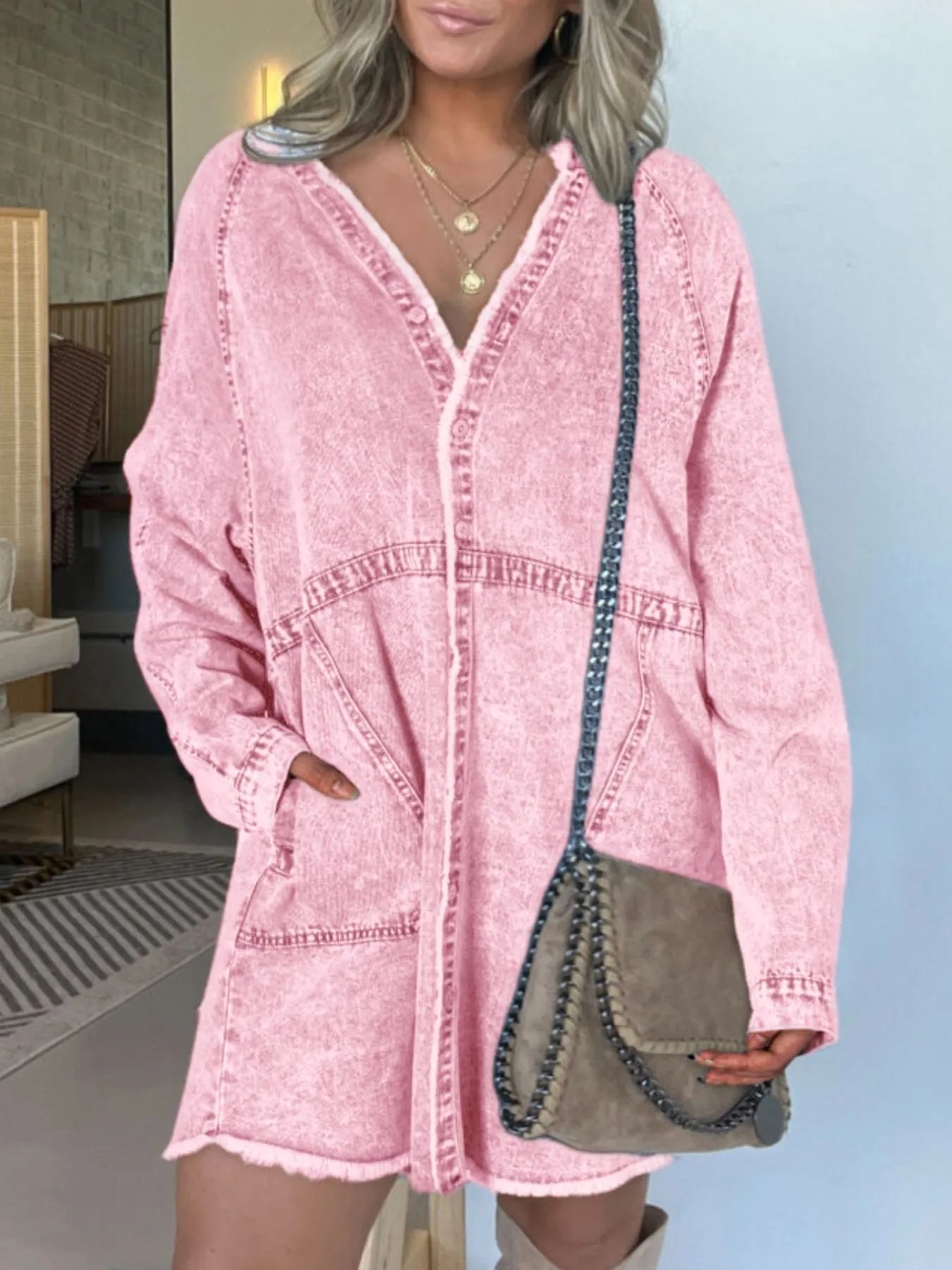 Full Size Button - Front Long Sleeve Denim Shirt Dress Plus Size - Flip Flop Dynasty