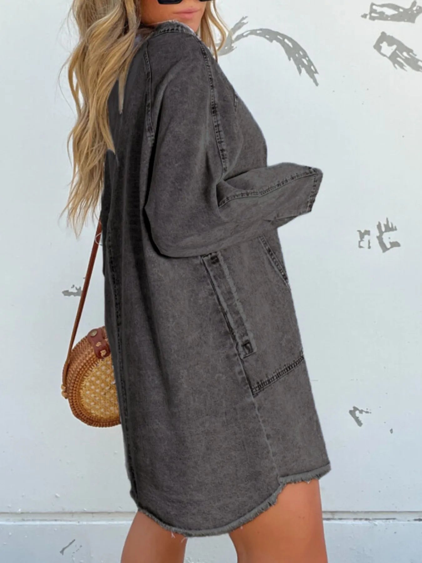 Full Size Button - Front Long Sleeve Denim Shirt Dress Plus Size - Flip Flop Dynasty