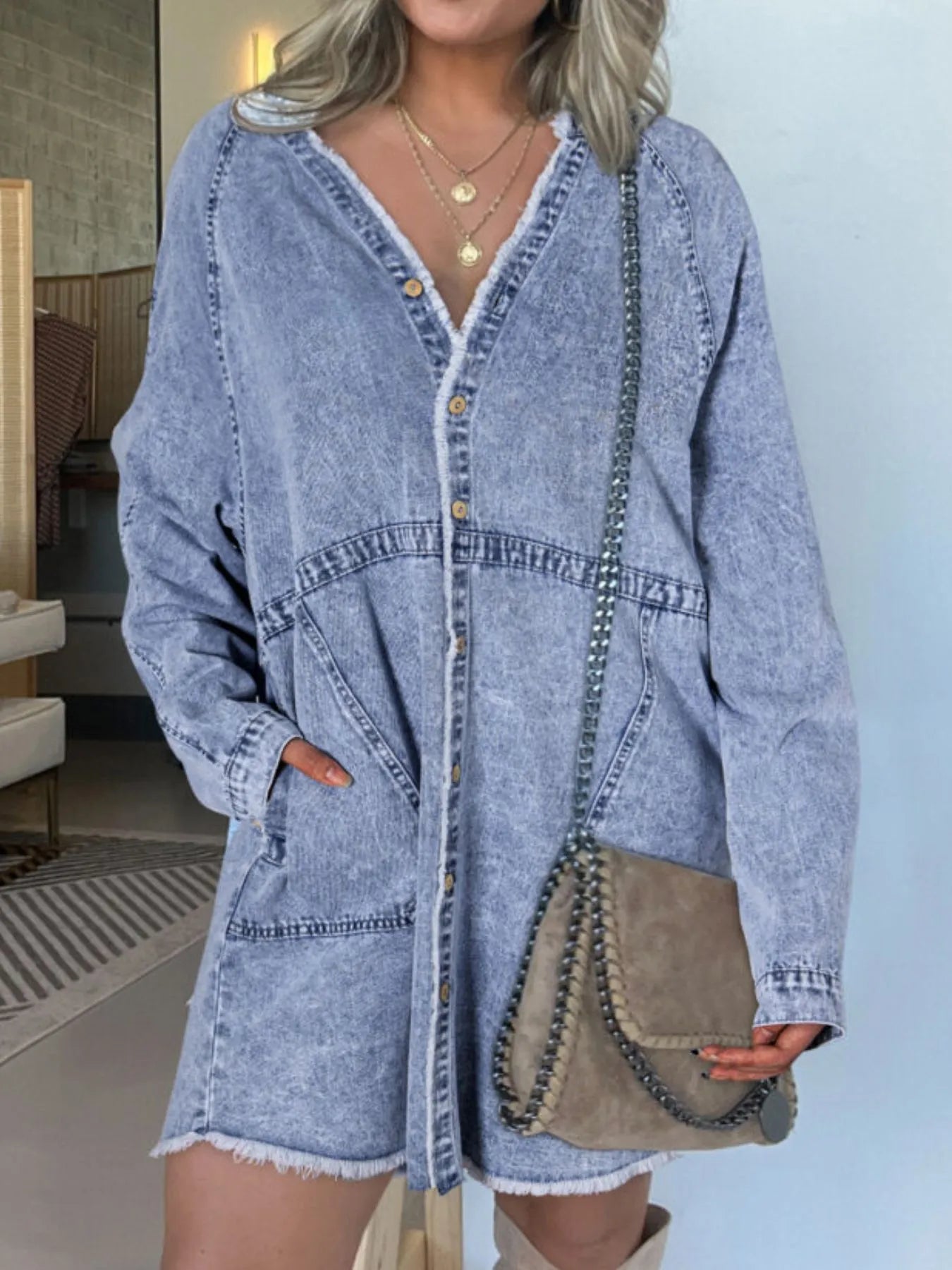 Full Size Button - Front Long Sleeve Denim Shirt Dress Plus Size - Flip Flop Dynasty