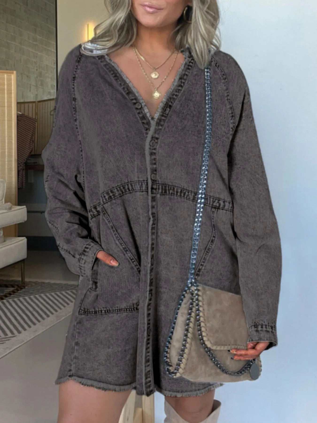 Full Size Button - Front Long Sleeve Denim Shirt Dress Plus Size - Flip Flop Dynasty