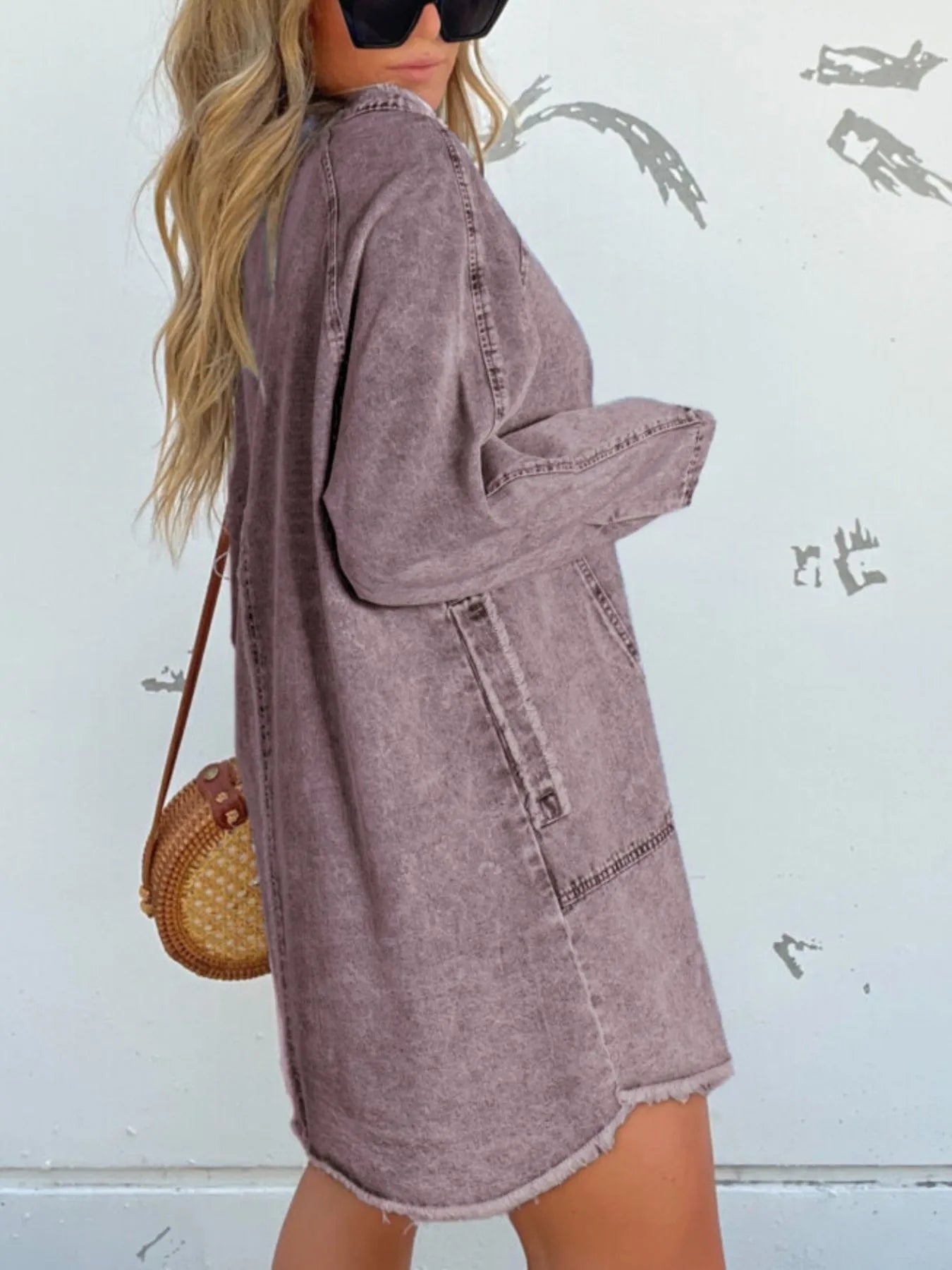 Full Size Button - Front Long Sleeve Denim Shirt Dress Plus Size - Flip Flop Dynasty