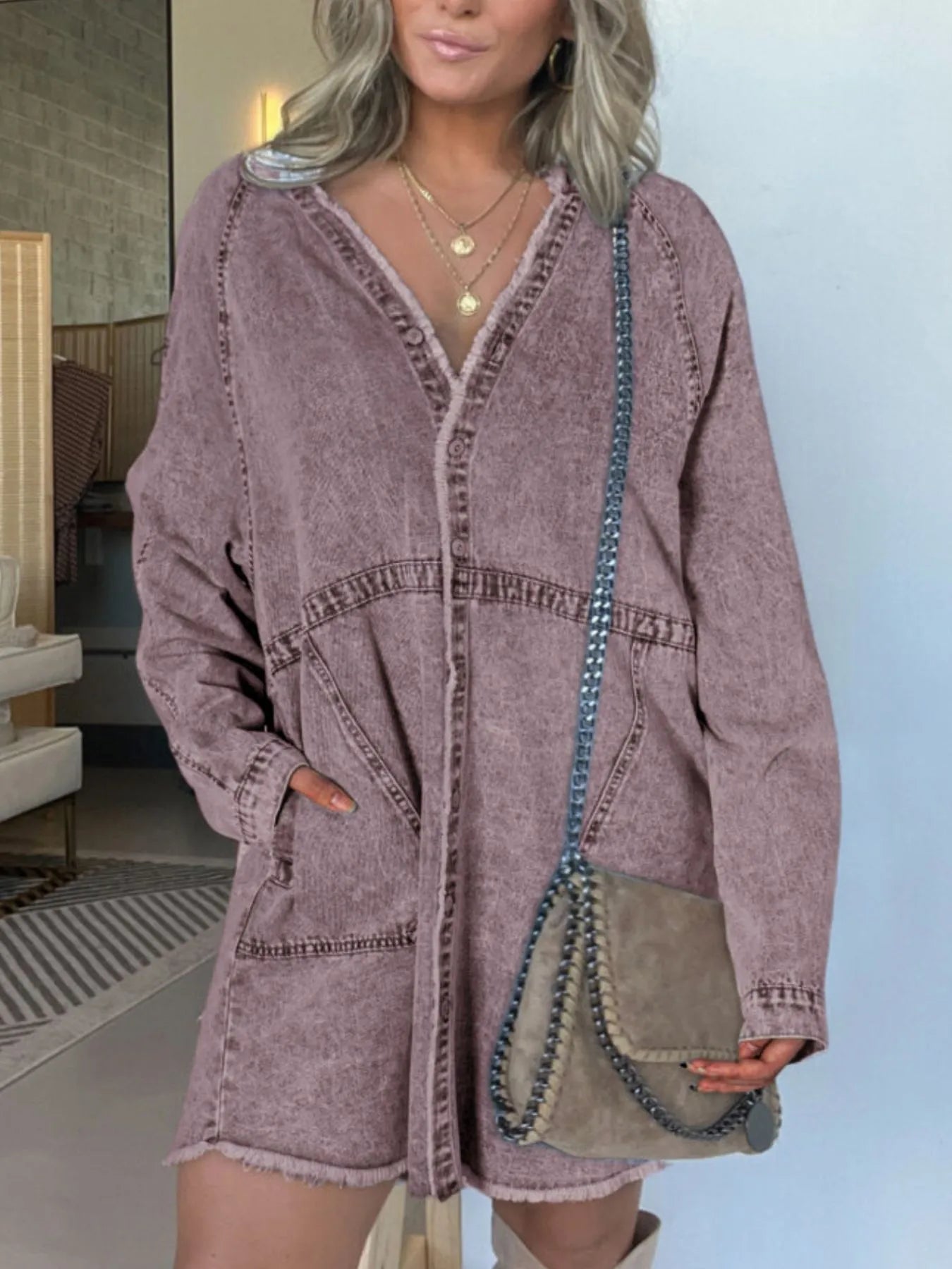 Full Size Button - Front Long Sleeve Denim Shirt Dress Plus Size - Flip Flop Dynasty