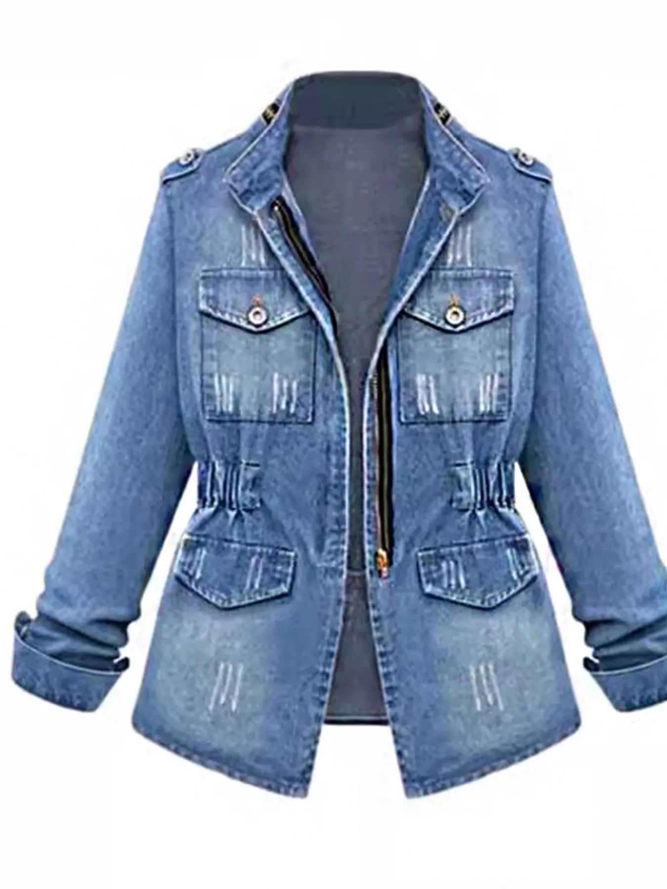 Full Size Chest Pocket Zip Up Denim Jacket Plus Size - Flip Flop Dynasty