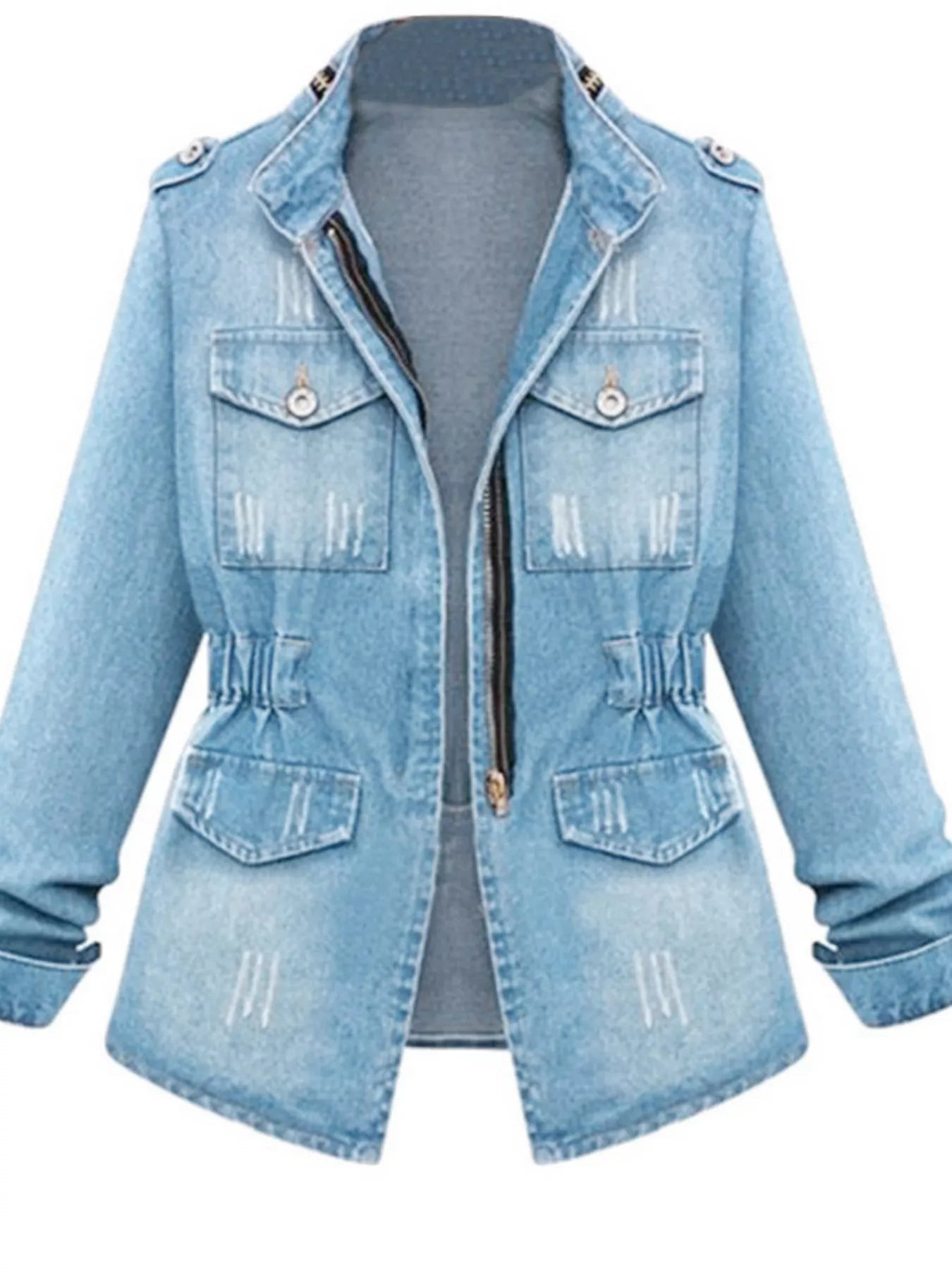 Full Size Chest Pocket Zip Up Denim Jacket Plus Size - Flip Flop Dynasty