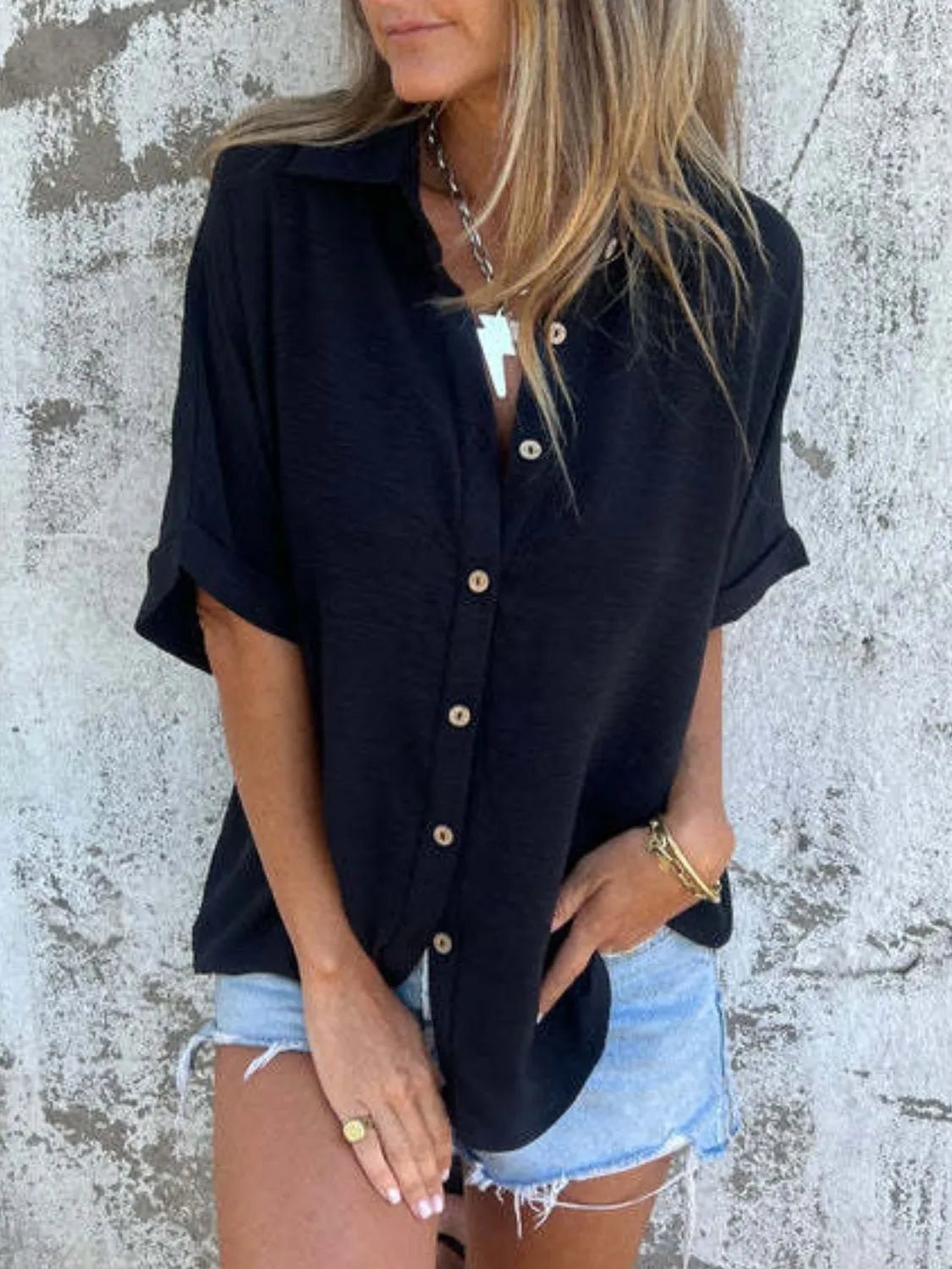 Full Size Collared Neck Half Sleeve Shirt Plus Size - Flip Flop Dynasty