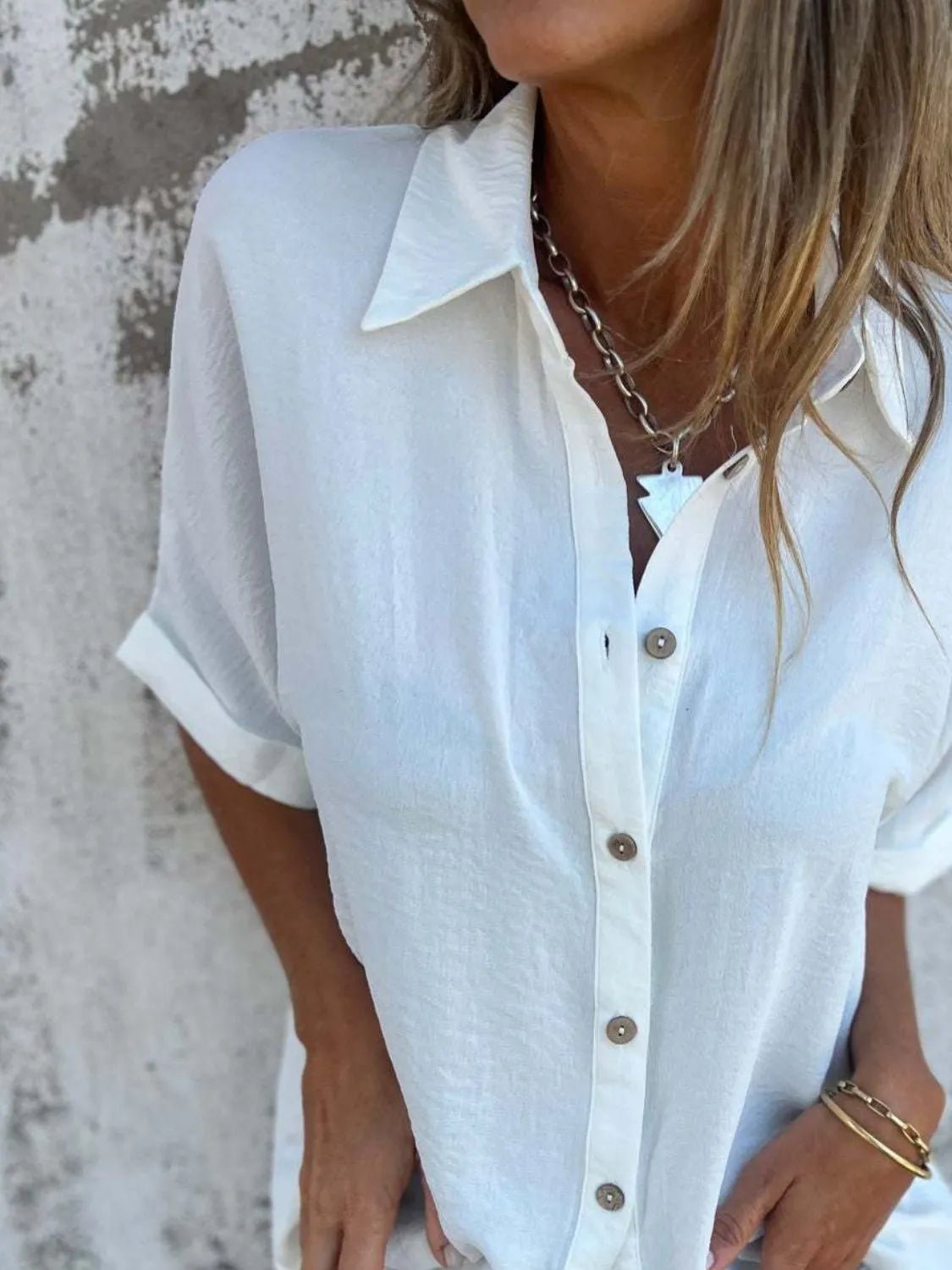Full Size Collared Neck Half Sleeve Shirt Plus Size - Flip Flop Dynasty