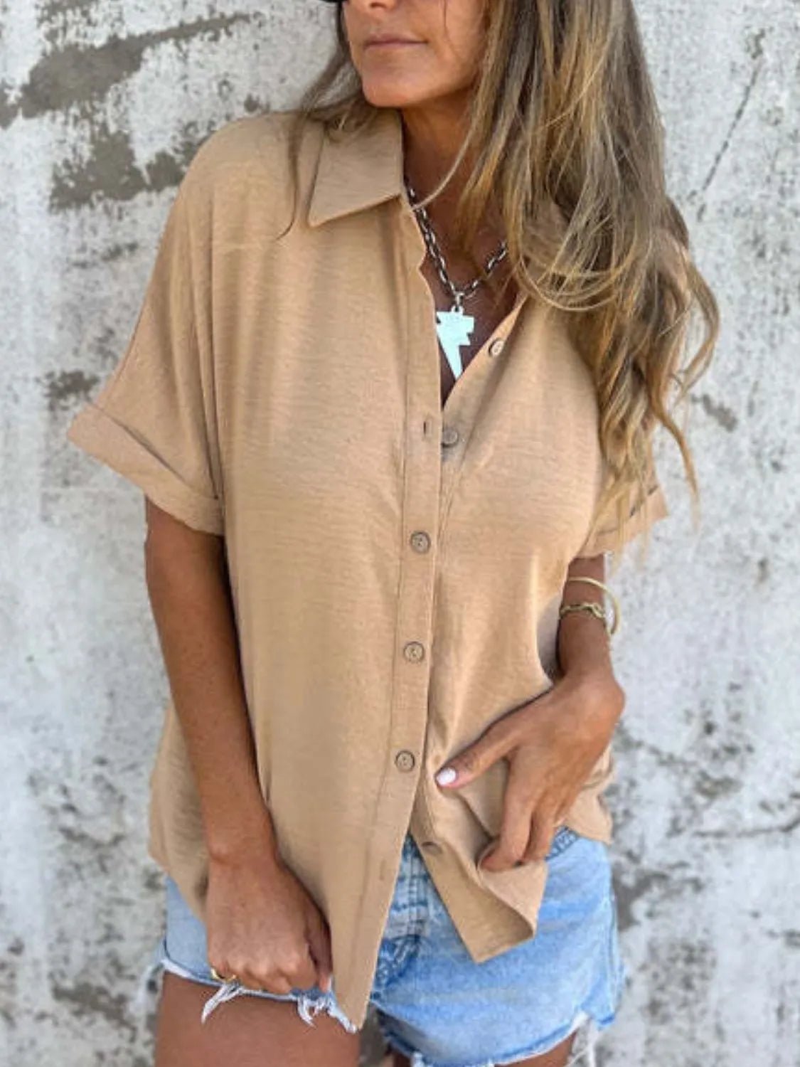 Full Size Collared Neck Half Sleeve Shirt Plus Size - Flip Flop Dynasty