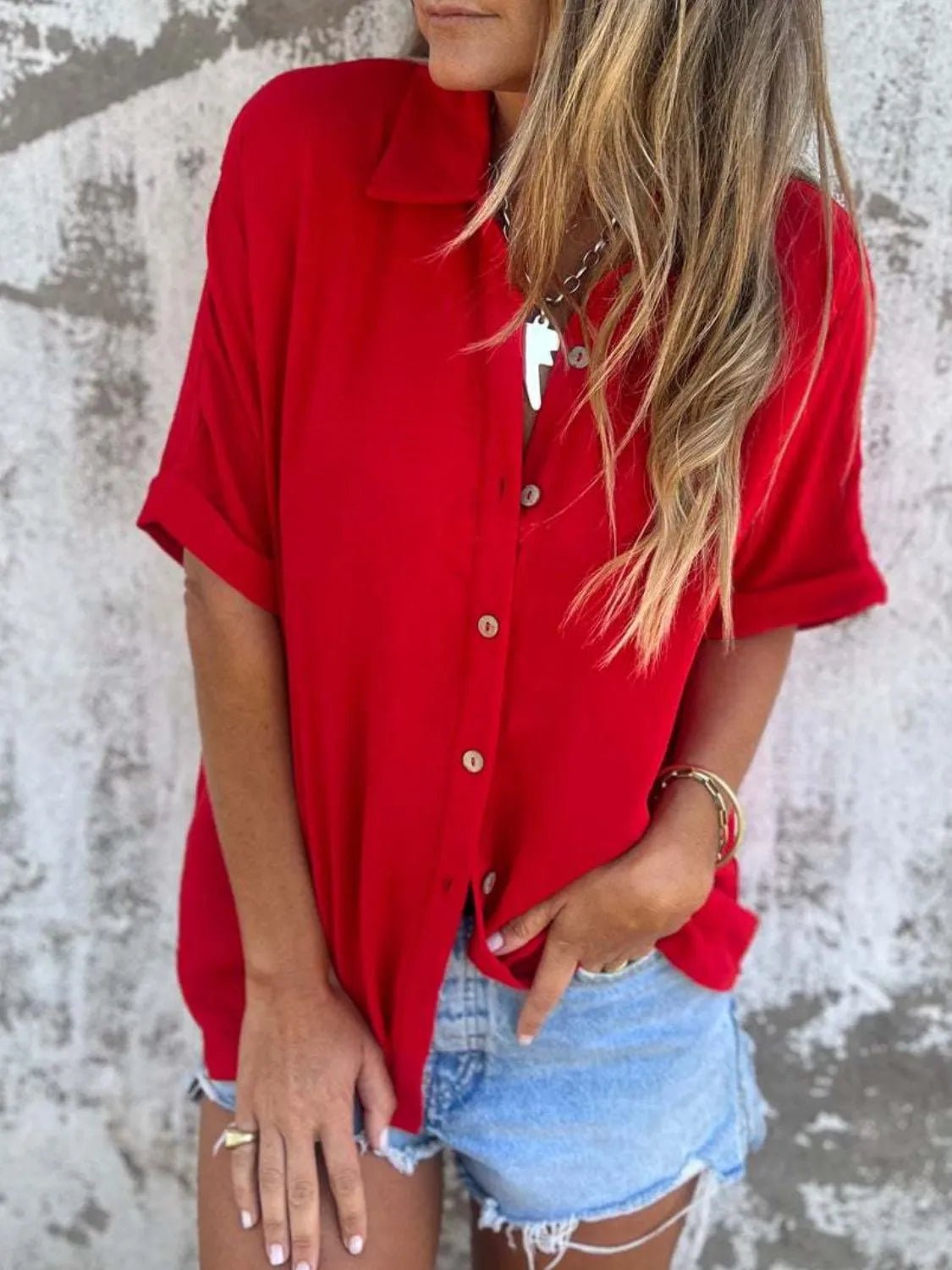 Full Size Collared Neck Half Sleeve Shirt Plus Size - Flip Flop Dynasty