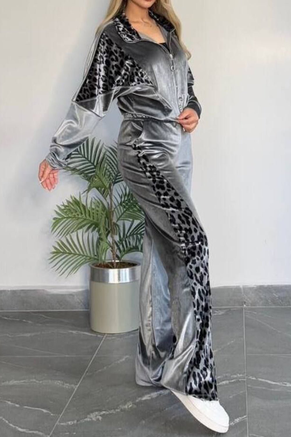 Full Size Collared Neck Leopard Zip Up Top and Pants Set Plus Size - Flip Flop Dynasty