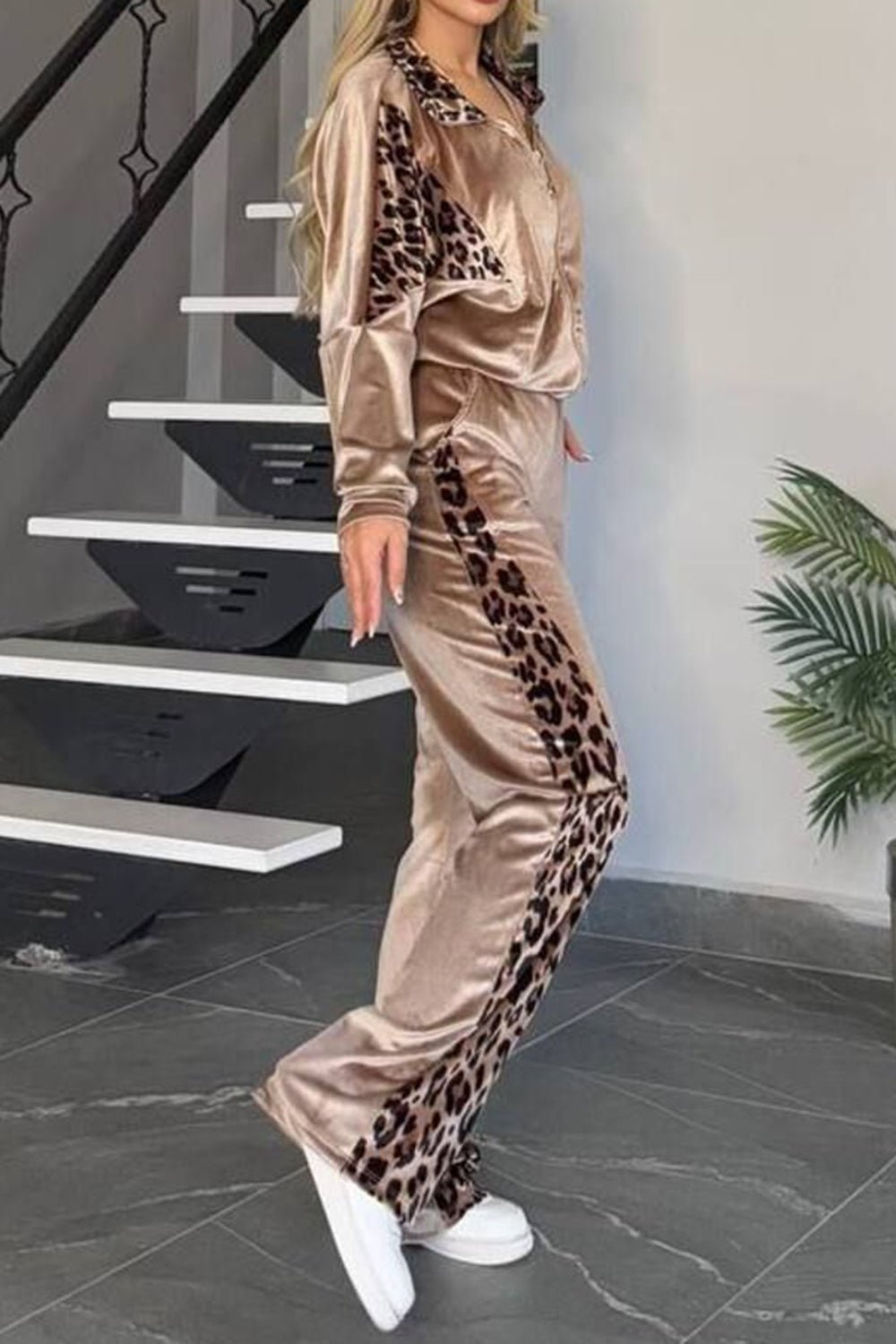 Full Size Collared Neck Leopard Zip Up Top and Pants Set Plus Size - Flip Flop Dynasty