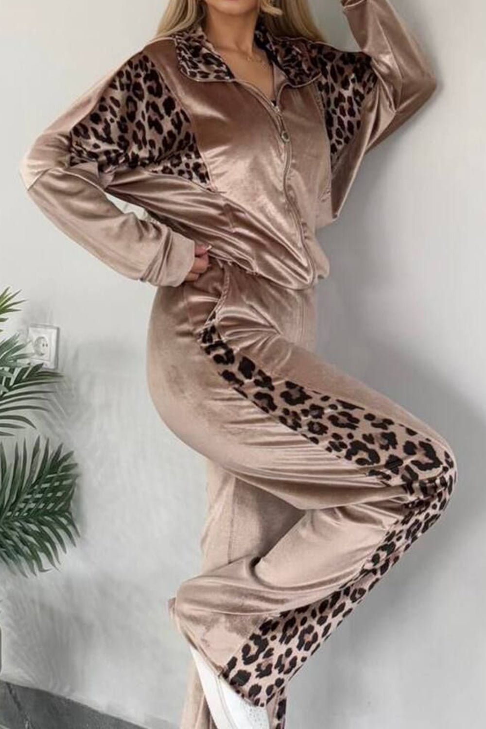 Full Size Collared Neck Leopard Zip Up Top and Pants Set Plus Size - Flip Flop Dynasty