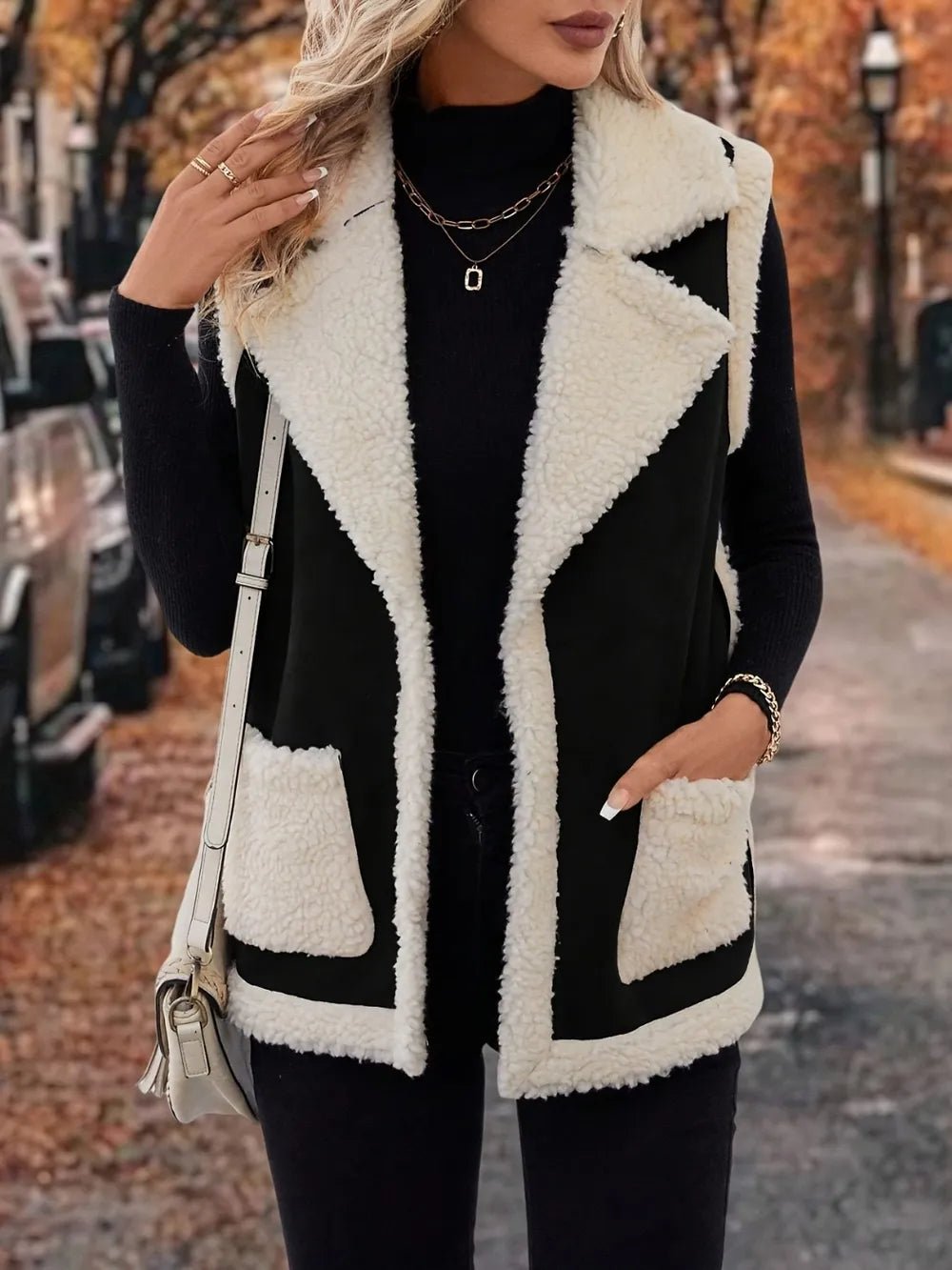 Full Size Contrast Open Front Sherpa Vest Coat - Flip Flop Dynasty