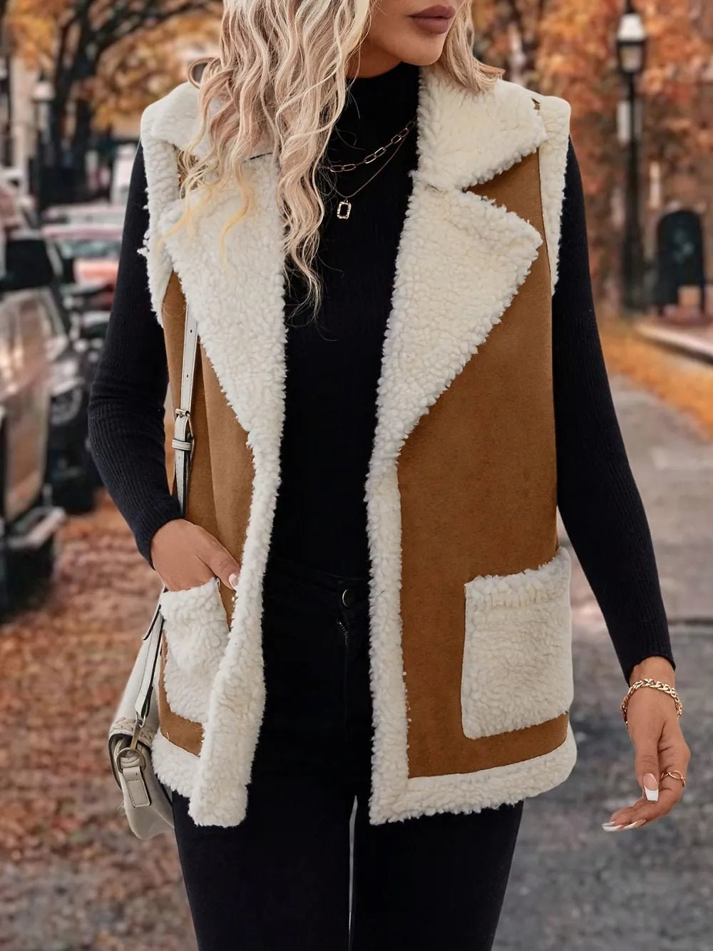 Full Size Contrast Open Front Sherpa Vest Coat - Flip Flop Dynasty