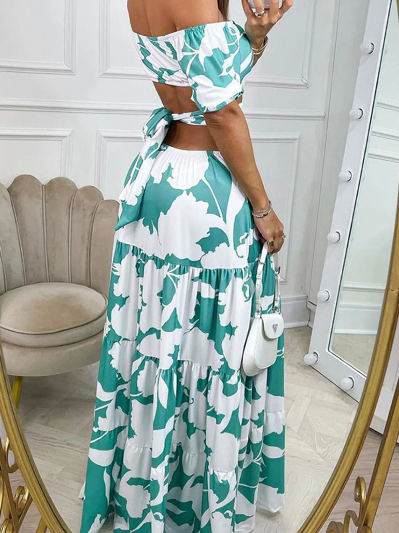 Full Size Cutout Off - Shoulder Printed Maxi Dress Plus Size - Flip Flop Dynasty