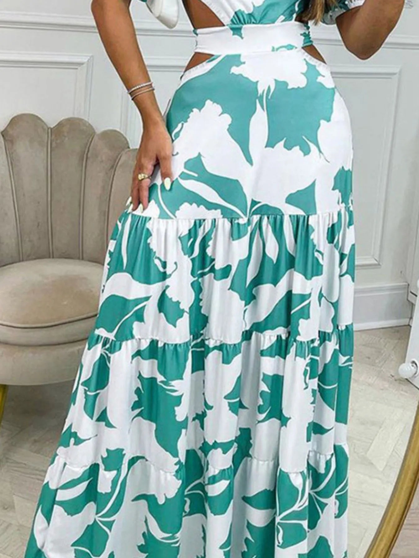 Full Size Cutout Off - Shoulder Printed Maxi Dress Plus Size - Flip Flop Dynasty