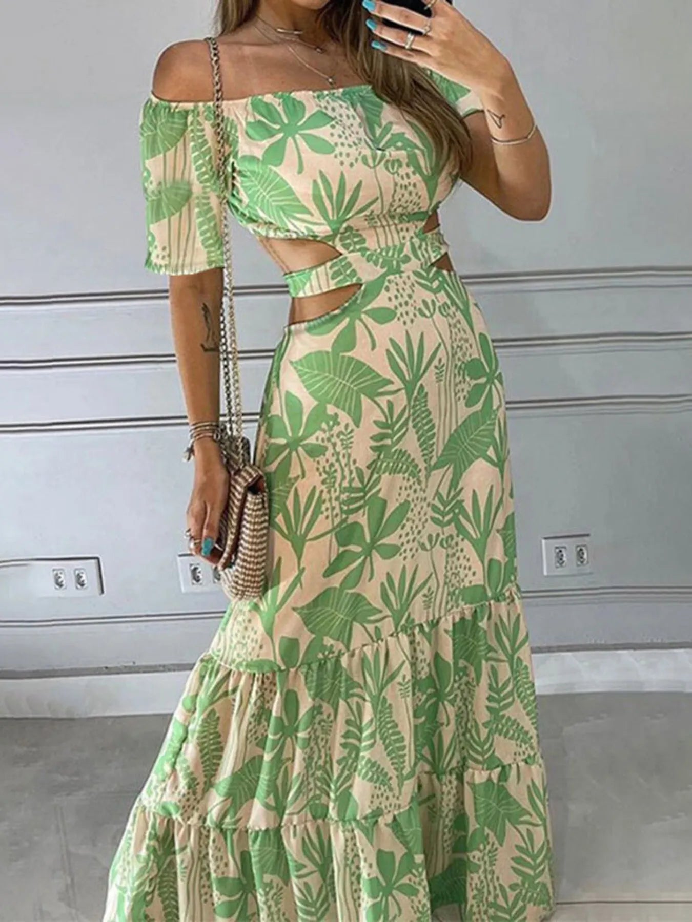 Full Size Cutout Off - Shoulder Printed Maxi Dress Plus Size - Flip Flop Dynasty