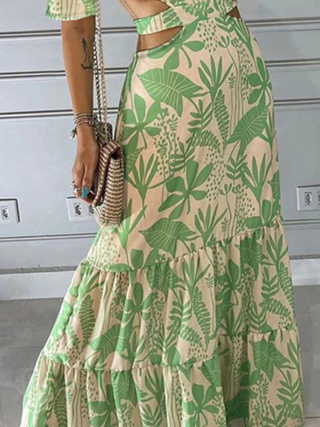 Full Size Cutout Off - Shoulder Printed Maxi Dress Plus Size - Flip Flop Dynasty