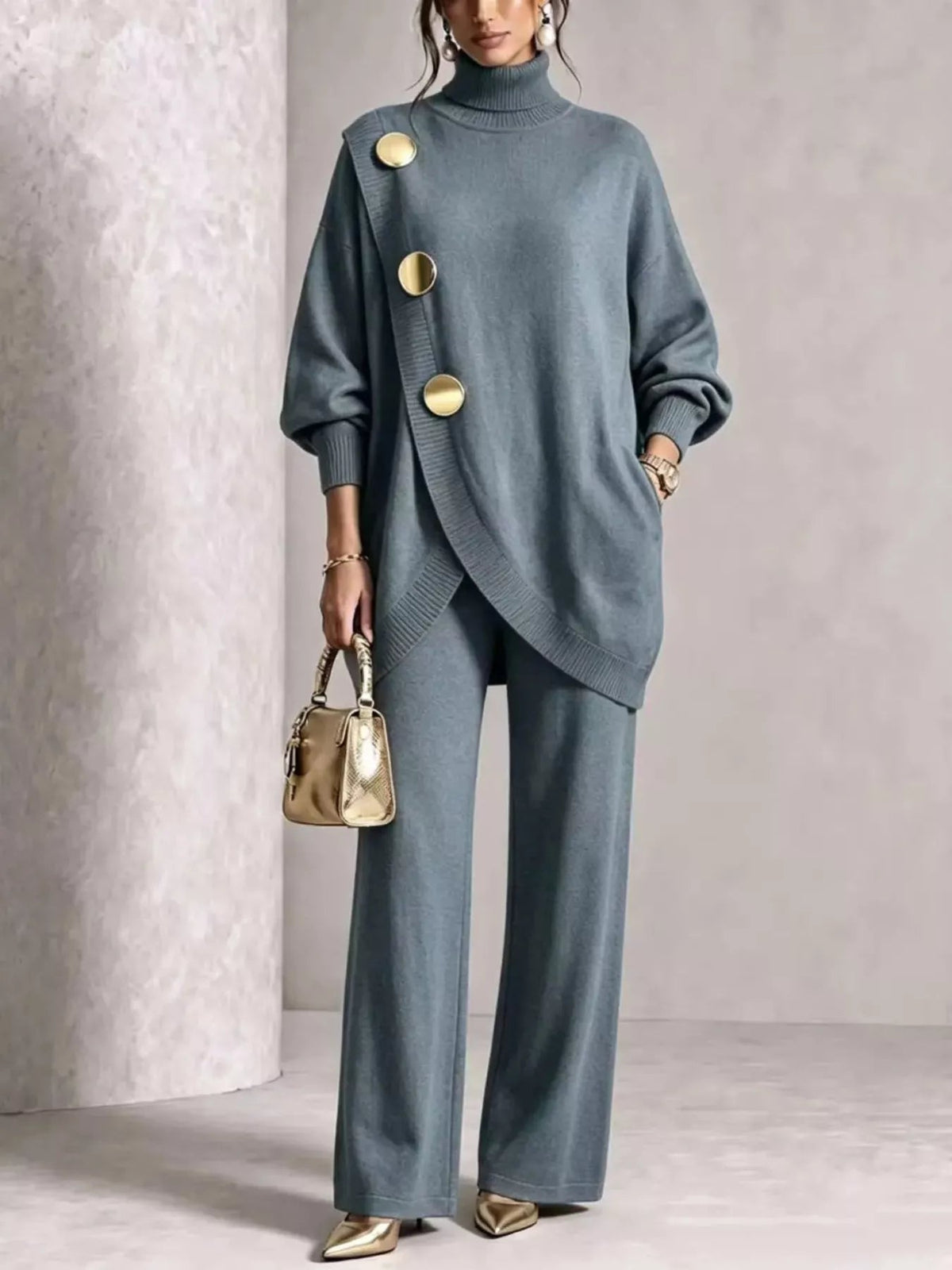 Full Size Elegant Turtleneck Asymmetric Button-Decorated Sweater and Pants Set Plus Size - Flip Flop Dynasty
